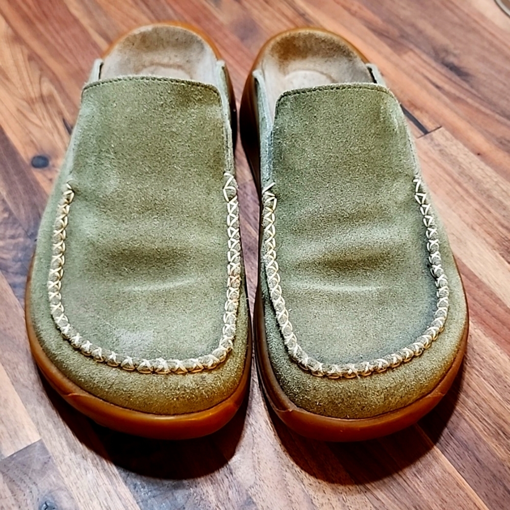 Tatami by Birkenstock, green suede clogs, sz 38 reg/wide